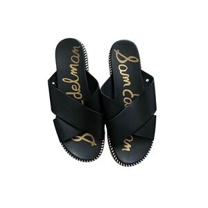 Sam Edelman Adora Black Leather Crisscross Espadrille Platform Slide Sandals